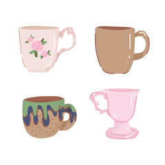 Set of 4 various tea and coffee porcelain and hand made ceramic cup and mug. Flat vector illustration on isolated background.