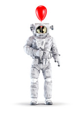 Astronaut with balloon / 3D illustration of space suit wearing male figure holding red plastic balloon isolated on white studio background