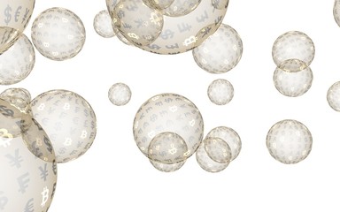 Bitcoin economic financial bubble. crypto currency 3D illustration. Business concept. Gold bubbles on white background. Bit, Coin, mining concept