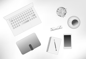 Black and white vector illustration of a desktop with a laptop phone tablet and other items