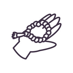 Hand with eid mubarak rosary line style icon vector design