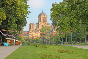 View of St. Mark Church from Tasmajdan Park. Belgrade, Serbia.
