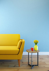 Modern bright empty interior. 3D rendering. Yellow sofa on a background of blue wall, with flowers