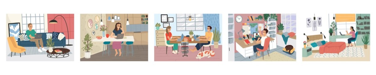 Remote work from home. Home quarantine. Freelancers women and men at home. Vector drawing