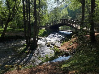 Wooden bridge over a waterfall in the forest