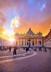 Vatican City Holy( See). Rome, Italy. Dome of St. Peters Basil cathedral at Saint Peters Square....