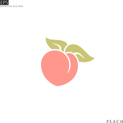 Fresh peach. Logo. Japanese white peach with leaves 
