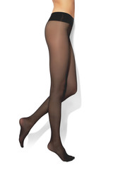 Legs of young caucasian woman in black nylon tights on white background