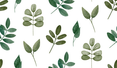 Watercolor green leaves pattern. Woodland botanical seamless eco ornament on white background.