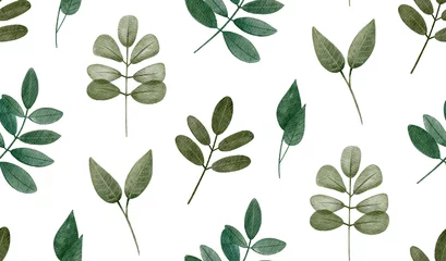 Behang Aquarel groene bladeren patroon. Woodland botanische naadloze eco sieraad op witte achtergrond. © Ann_ka