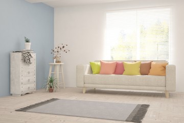 White living room with sofa. Scandinavian interior design. 3D illustration