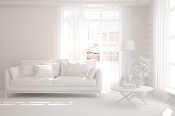 White minimalist living room with sofa. Scandinavian interior design. 3D illustration