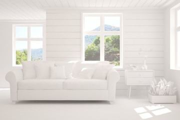 White living room with sofa and summer landscape in window. Scandinavian interior design. 3D illustration