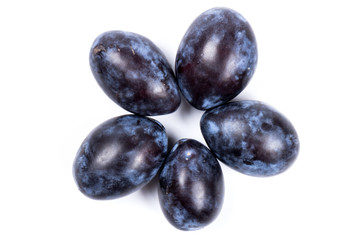 Fresh blue plums, isolated on white background, in close-up.