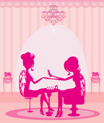 Lady doing manicure in beauty salon - elegant pink card