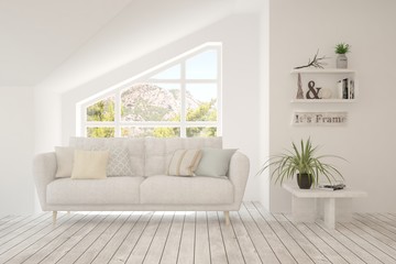 White living room with sofa. Scandinavian interior design. 3D illustration