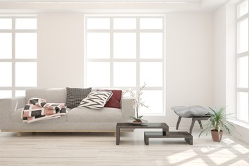 White living room with sofa. Scandinavian interior design. 3D illustration