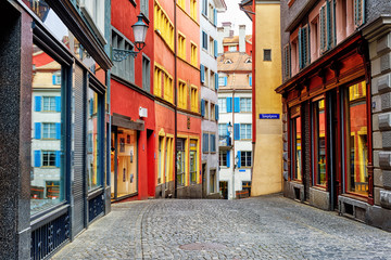 A colorful street in Zurich city center, Switzerland - obrazy, fototapety, plakaty