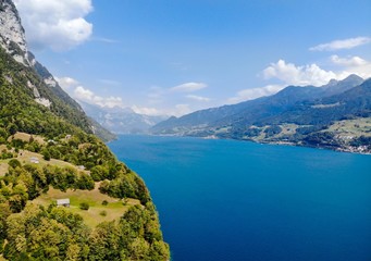 Obraz premium Aerial view on Walensee (Lake Walen) nearby Beltis, Weesen, Amden. Canton St. Galen, Glarus, Switzerland