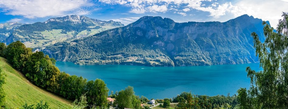 Panoramic view on Walensee (Lake Walen), Amden, Beltis from Obstalden. Canton St. Galen, Glarus, Switzerland