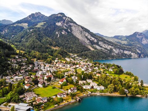 Aerial view on Walensee (Lake Walen) in Weesen, nearby Beltis, Amden. Canton St. Galen, Glarus, Switzerland