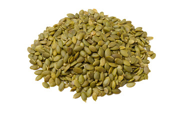 Peeled Pumpkin Seeds. Unshelled kernels. Isolate on a white background.