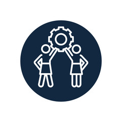 pictogram women holding up a gear icon, line block style