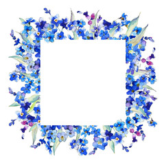 Watercolor Forget-me-not  blue floral frame. Watercolor blue flower for wedding invitations, babyshower, greeting cards. Wildflower illustration.