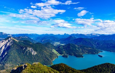 Walchensee. with alps mountains. Bavaria, Germany