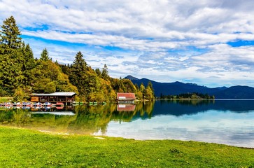 Walchensee. with alps mountains. Bavaria, Germany