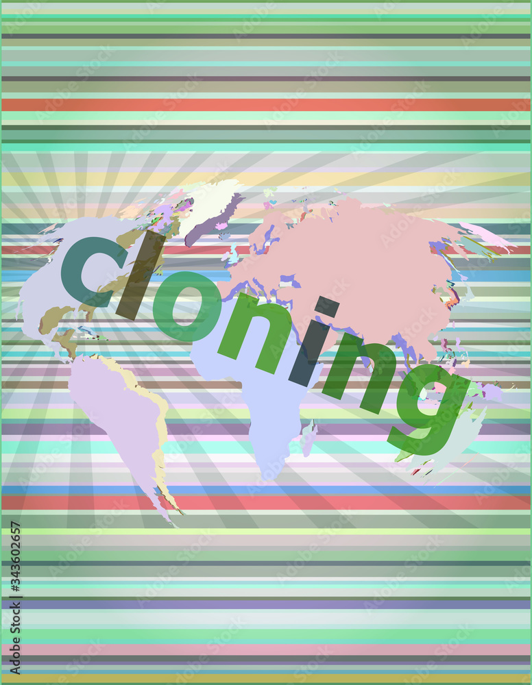 Poster cloning word, backgrounds touch screen with transparent buttons. concept of a modern internet
