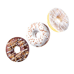 Set of flying glazed donuts with sprinkles on a white background