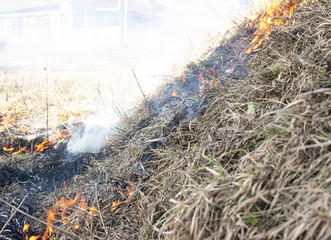 Burning grass in a village on a hill. Dry grass is burning near residential buildings. The burnt ground after a forest fire.