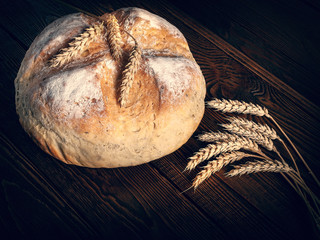 Homemade hot bread. Loaf of round peasant bread and spikelets of wheat on a wooden background....