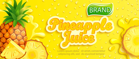 Fresh pineapple juice banner with apteitic drops from condensation, fruit slice on cold background for brand,logo, template,label,emblem,store,packaging,advertising.Vector illustration