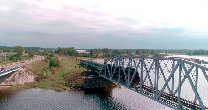 steam locomotive railway. bridge. ostashkov. aerial