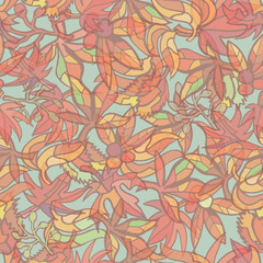 Abstract colorful illustration featuring fantasy fall foliage in red, orange  and brown colors. Thanksgiving or gardening and harvest pattern. Hand drawn. 