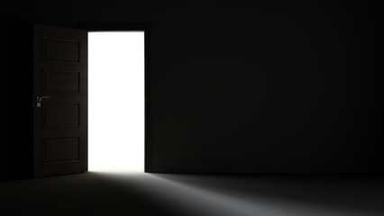 Light entering from open door to dark room realistic 3D rendering
