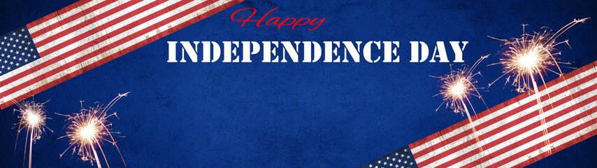 Happy Independence Day (4th of July) background banner panorama - American flag and sparkler firework on blue texture