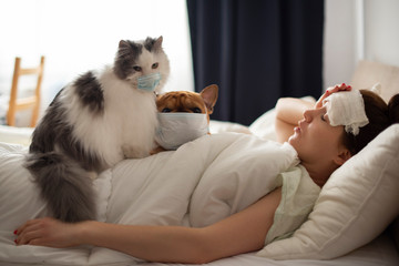 A young girl is lying in bed with heat, her French bulldog and a fluffy cat helps her. Coronovirus patient