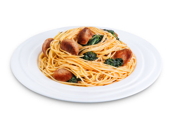 Tomato Spinach Sausage Pasta in a white plate on a white isolated background