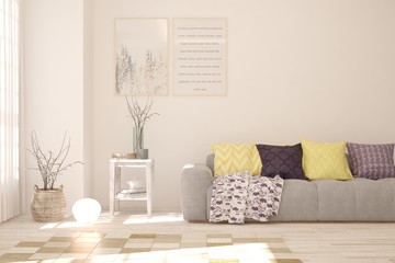 White living room with sofa. Scandinavian interior design. 3D illustration
