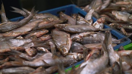 Ready frozen fish in a box. A party of frozen fish in a box. Fresh fish on ice in a cardboard box. Fish in a box, ready to ship. Delivery of frozen fish.