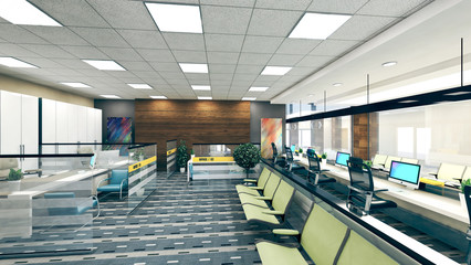 open space office perspective realistic 3D rendering