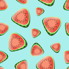 Fruity stylized seamless vector pattern with watermelon pieces.