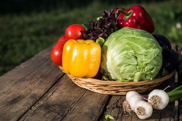 Fresh vegetables on wooden table. Market vegetable, garden.Diet concept. Healthy organic vegetarian food.