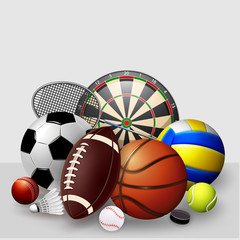 Sports equipment with a football basketball baseball soccer tennis and golf ball and badminton hockey puck as healthy recreation and leisure fun activities for team and individual playing for health.