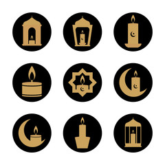 candles and eid mubarak icon set, block style