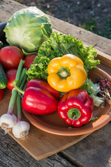 Fresh vegetables on wooden table.  Market vegetable, garden.Diet concept. Healthy organic vegetarian food. 