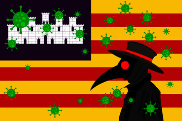 Black plague doctor surrounded by viruses with copy space with BALEARIC ISLANDS flag.